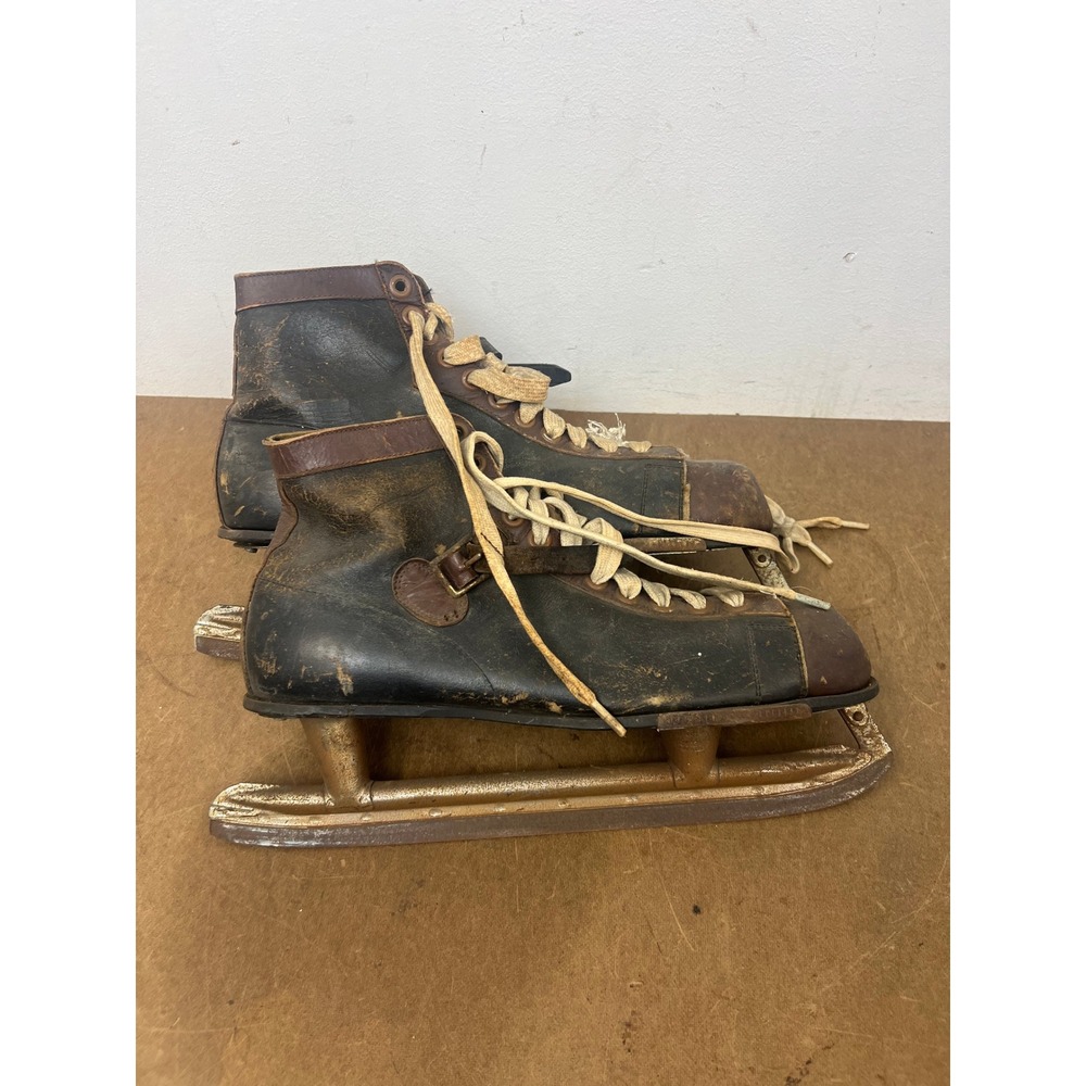 Vintage Leather Ice Skates Black Brown Weathered Rustic Winter Decor Christmas